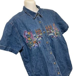 Vintage Cool Blues Embroidered Garden Teddy Bear Denim Button Down Shirt